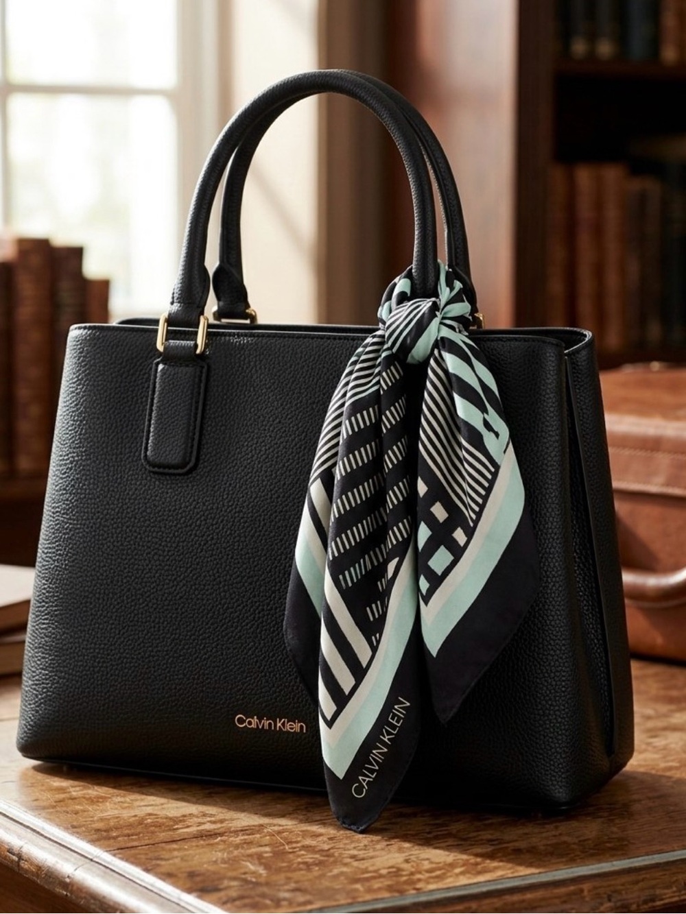 Calvin Klein Black & Mint Geometric Stripe Silk Scarf